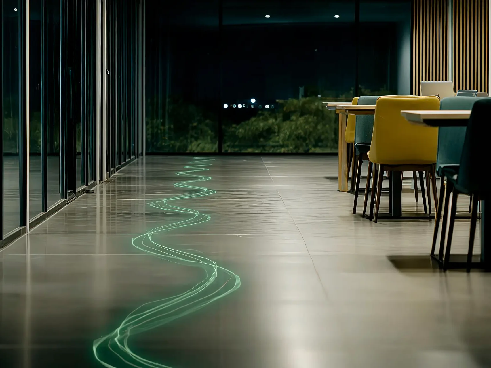Workspace sostenibile con scia luminosa verde che rappresenta i percorsi dei cookie