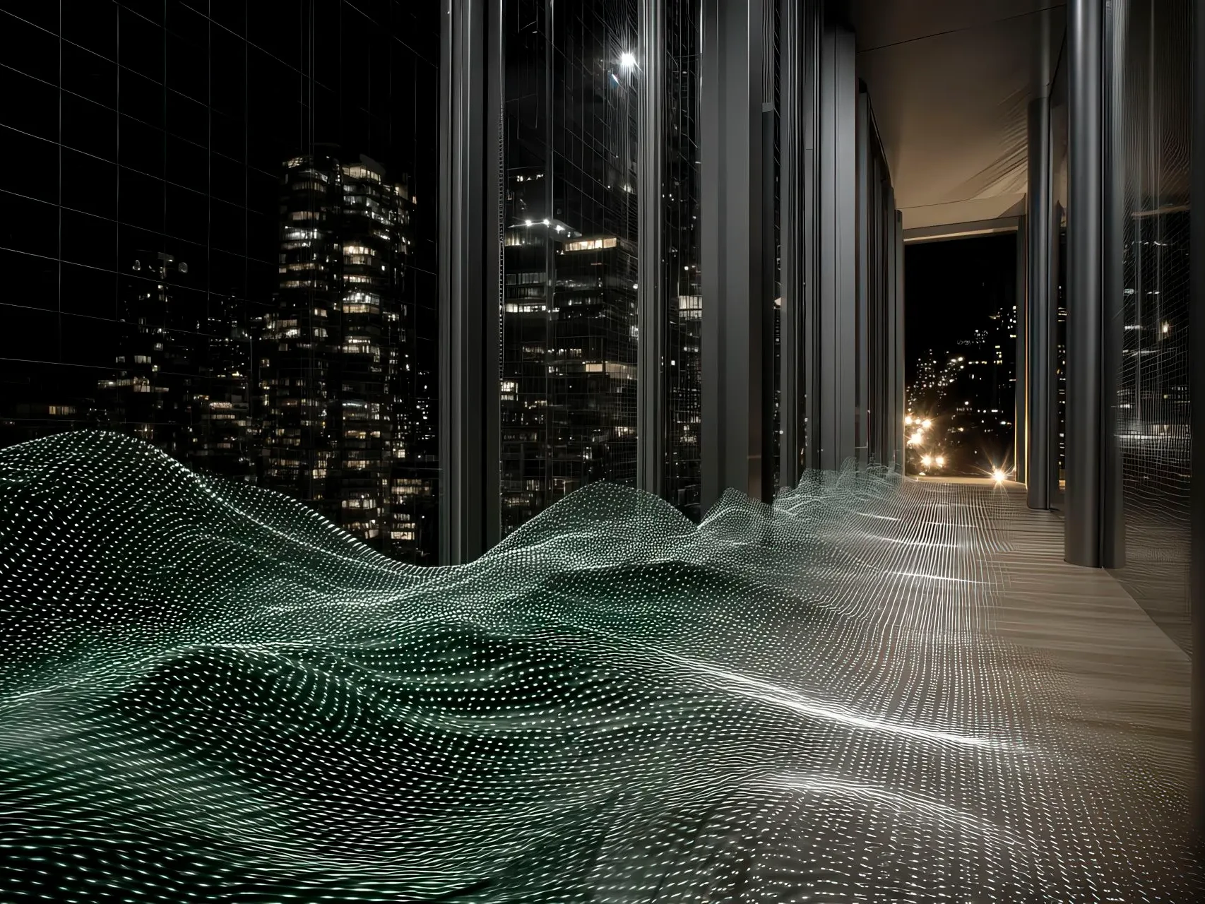 Interno architettonico con fascio di luce verde che rappresenta i confini legali